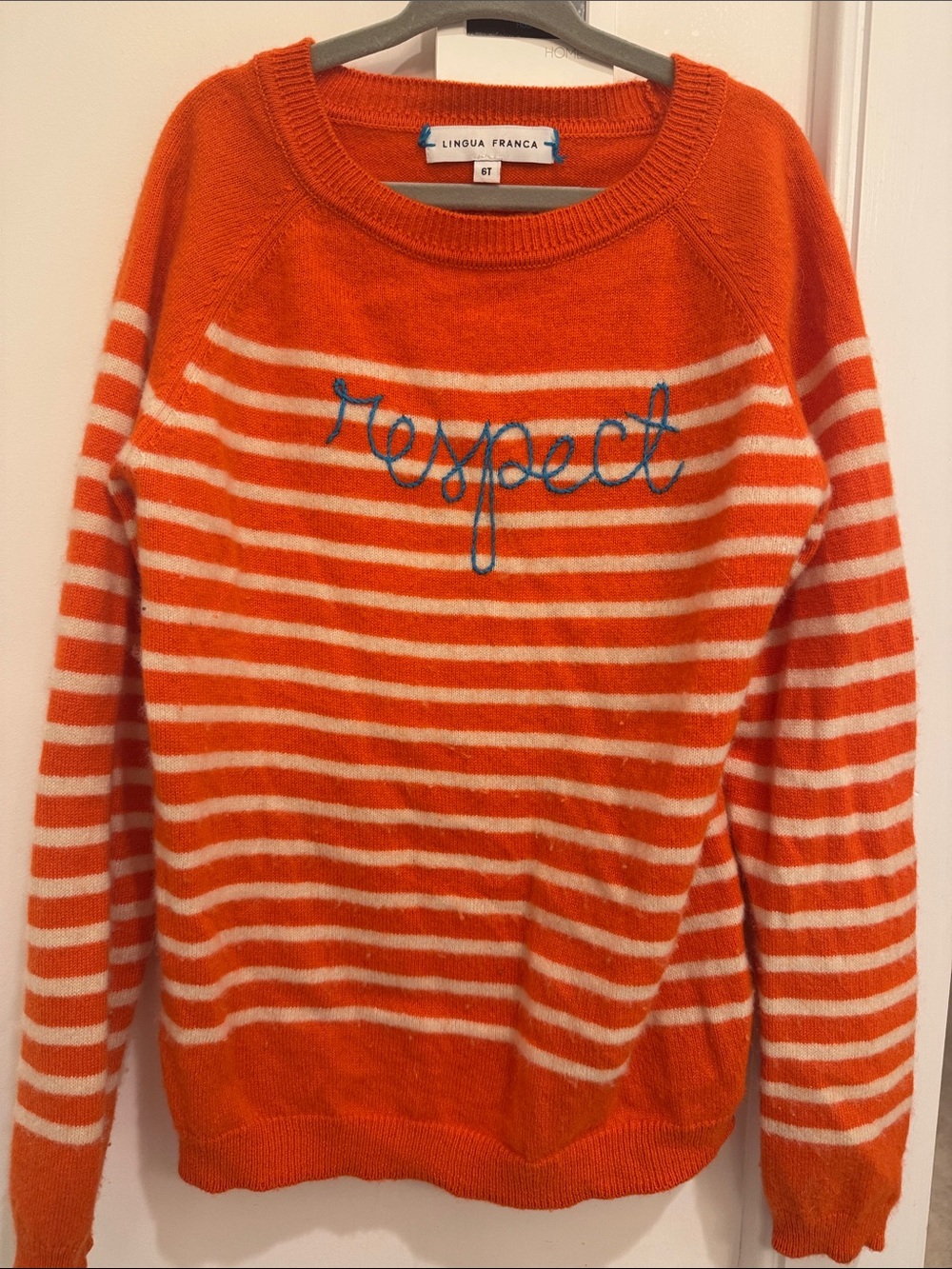 Lingua Franca Orange & White Striped 'Respect' Crewneck Sweater